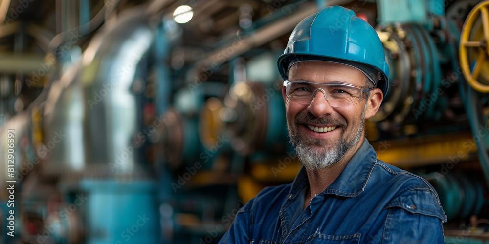 Smiling Worker in Blue Hard Hat at Industrial Plant Smiling Worker in Blue Hard Hat at Industrial Plant