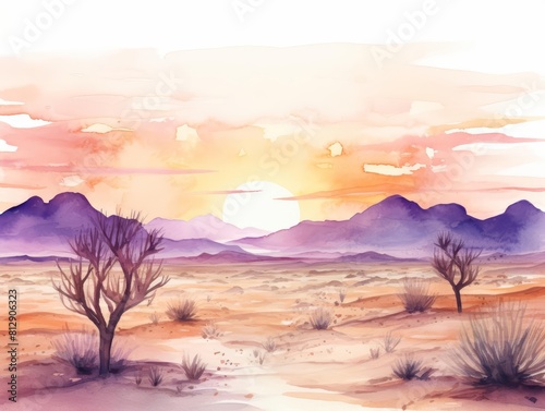 Watercolor of a peaceful desert at sunset  with shades of orange and purple  in vintage styles  clipart watercolor on white background
