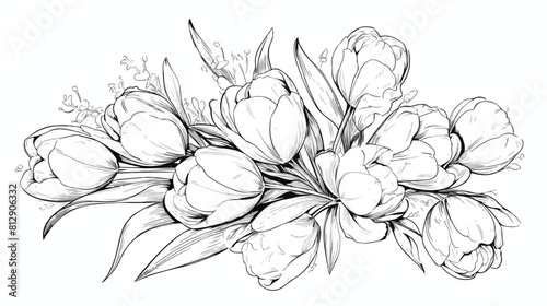 Hand drawn monochrome bouquet of tulips sketch styl