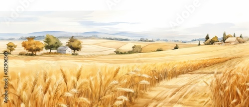 Watercolor of a quaint rural area during harvest season  with fields of golden wheat  in minimal styles  clipart watercolor on white background