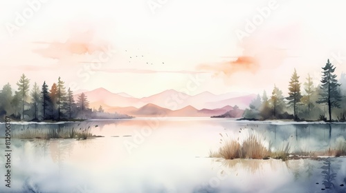 Watercolor of serene lakeside views at dawn, reflecting soft morning light in vintage styles, clipart kawaii watercolor on white background