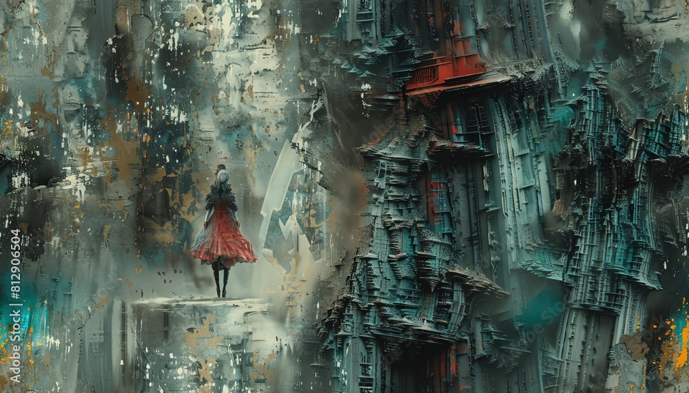 Bring to life the juxtaposition of delicate ballet moves and robotic elements in a postapocalyptic setting with a mixed media approach Bring to life the juxtaposition of delicate ballet moves and robotic elements in a postapocalyptic setting with a mixed media approach