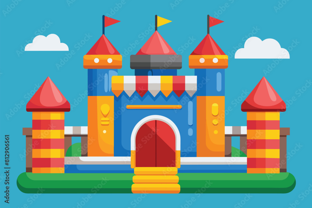 A colorful castle with a flag flying on top, standing out in a lively setting, Bouncy castle Customizable Flat Illustration A colorful castle with a flag flying on top, standing out in a lively setting, Bouncy castle Customizable Flat Illustration