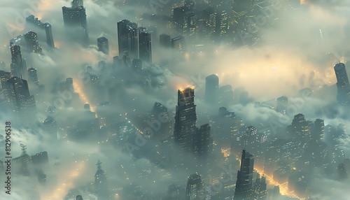 Capture a dystopian cityscape with towering, metallic structures shrouded in smog, rendered in vivid oil colors Employ a dynamic, unexpected birds eye view for a unique perspective