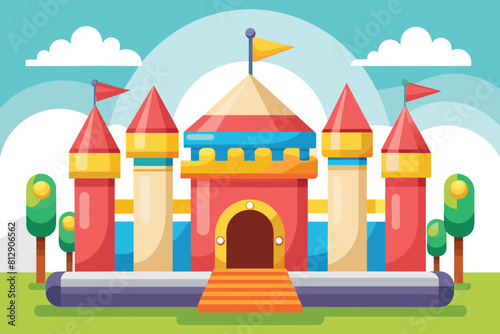 A bouncy castle with a flag flying on top, brightly colored and fully inflated, Bouncy castle Customizable Flat Illustration