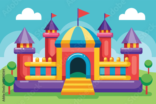A disproportionately large inflatable castle featuring a flag on top, Bouncy castle Customizable Disproportionate Illustration