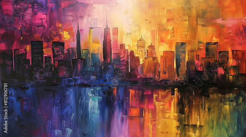 A colorful cityscape with a lot of buildings and a lot of oil paint splatters