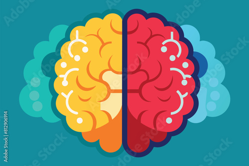 Illustration of two halves of a brain, one red and one yellow, displaying contrast and symmetry, Brain sides Customizable Flat Illustration