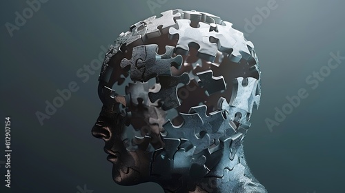 Logical brain concept Brain made from omplex puzzle pieces in a human head : Generative AI photo