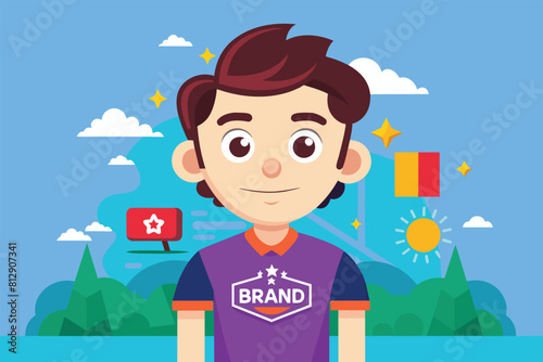 A man stands in a field holding a ball in his hand, Brand creation Customizable Cartoon Illustration