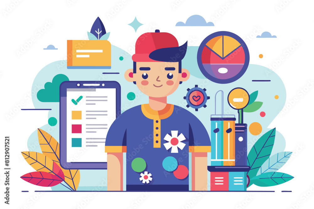 A man standing upright in front of a digital tablet screen, Brand guidelines Customizable Flat Illustration A man standing upright in front of a digital tablet screen, Brand guidelines Customizable Flat Illustration