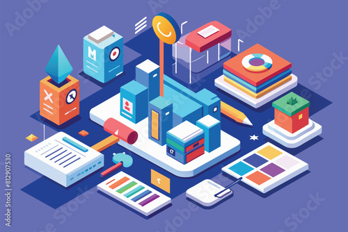 Various items arranged in a mixed display on a table, Brand guidelines Customizable Isometric Illustration