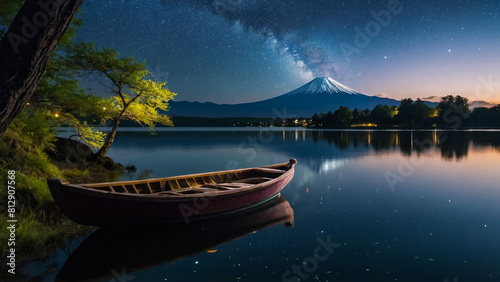 a wild scene filled with mystery and a man fishing on a small schooner in fantastical purple moonlight reflecting off a bright vibrant blue lake reflecting 