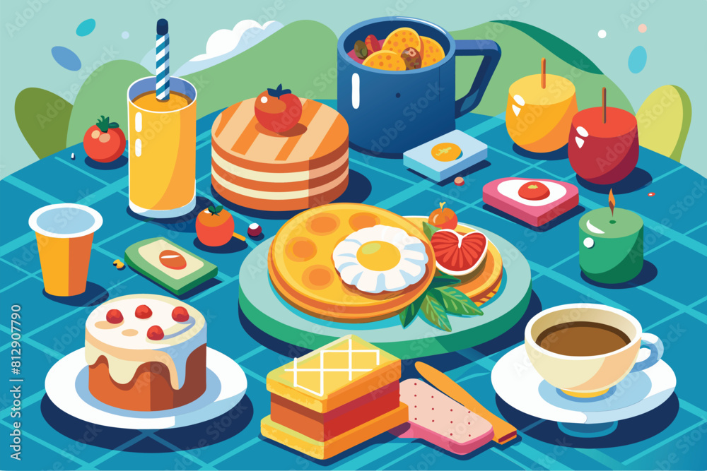 Various food items, including fruits, vegetables, bread, and cheese, arranged on a table, Breakfast Customizable Disproportionate Illustration Various food items, including fruits, vegetables, bread, and cheese, arranged on a table, Breakfast Customizable Disproportionate Illustration