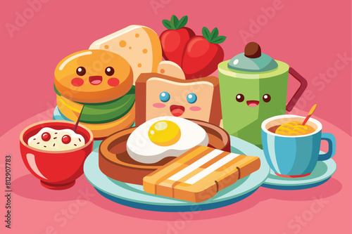 Breakfast plate with assorted food items including a cup of coffee next to it  Breakfast Customizable Cartoon Illustration