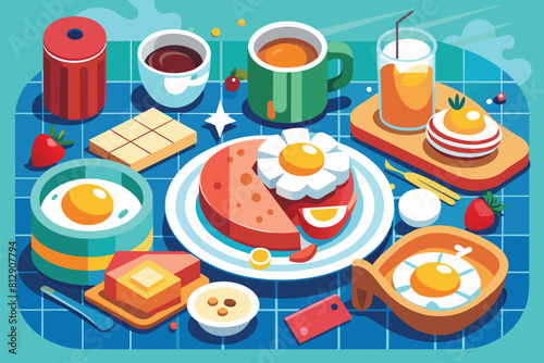 A table displaying various plates of food and glasses filled with drinks, Breakfast Customizable Disproportionate Illustration