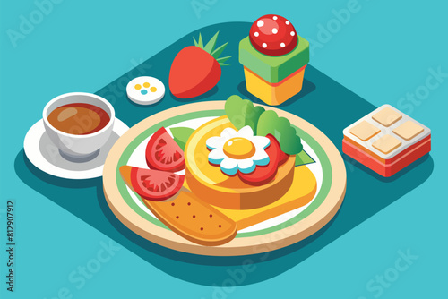 A plate of breakfast food alongside a cup of coffee, Breakfast food Customizable Semi Flat Illustration