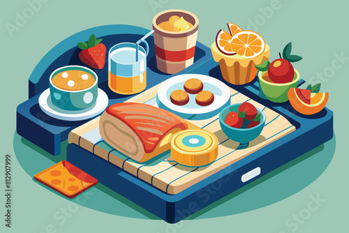 A plate filled with breakfast food rests on a wooden cutting board, Breakfast from bed Customizable Disproportionate Illustration
