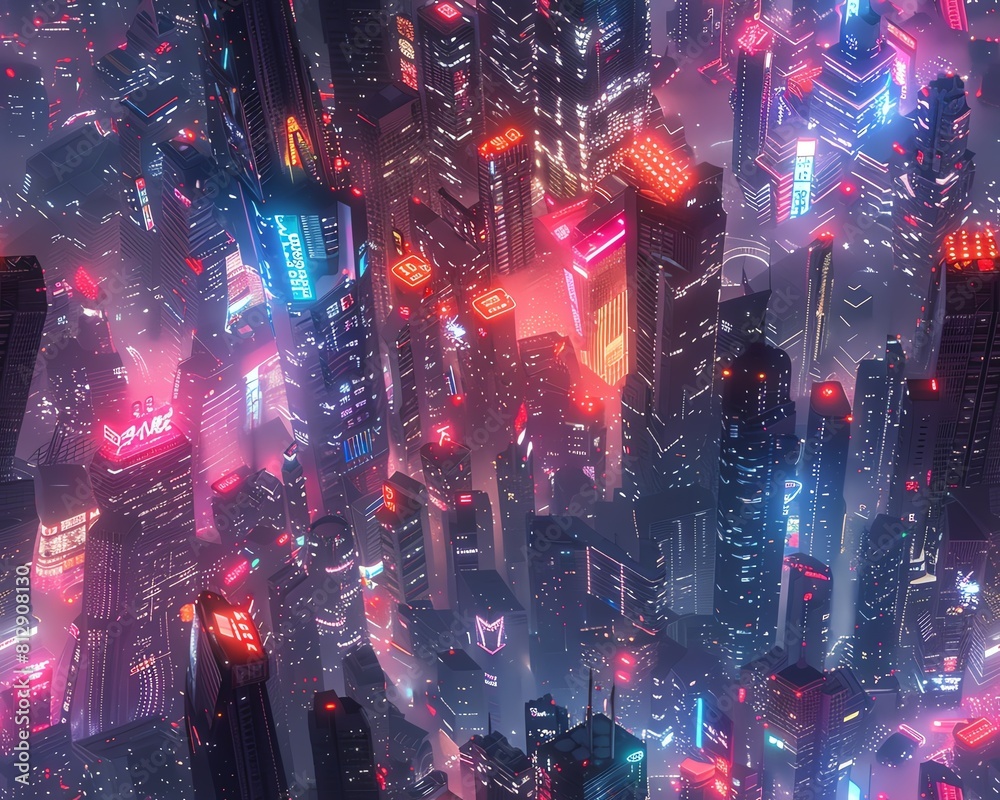 Create a stunning aerial view of a dystopian dreamscape featuring towering neon skyscrapers Create a stunning aerial view of a dystopian dreamscape featuring towering neon skyscrapers