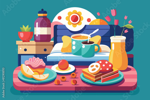 A bed cluttered with a wide assortment of food items for a customizable breakfast, Breakfast from bed Customizable Semi Flat Illustration