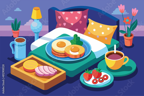A bed with a tray of food and a cup of coffee on it, Breakfast from bed Customizable Semi Flat Illustration