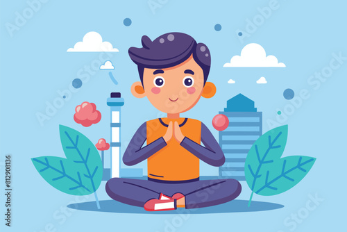 A man sits in the center of a yoga pose, focusing on his breathing and concentration, Breathing exercise Customizable Cartoon Illustration