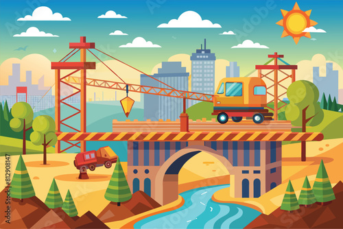 A truck is crossing a bridge in this customizable cartoon illustration, Bridge construction Customizable Cartoon Illustration