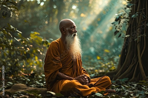 old monk with wise and serene expression, long white beard, saffron robe, sitting cross-legged in green forest