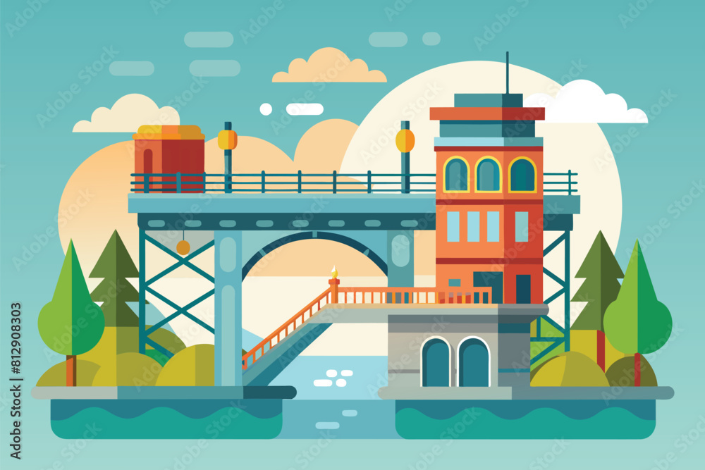 Naklejka premium A bridge crossing a river with a building constructed on top, showcasing urban architecture, Bridge construction Customizable Semi Flat Illustration