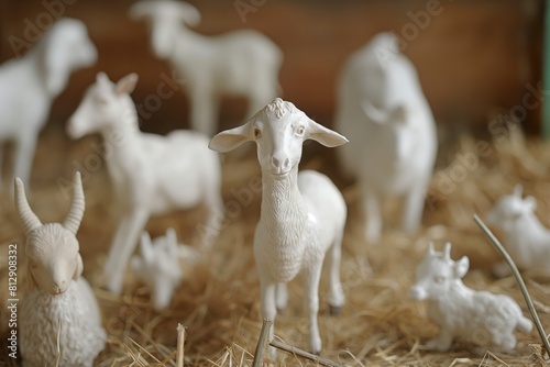 White animal figurines on straw, rustic farm decor, countryside concept, closeup view photo