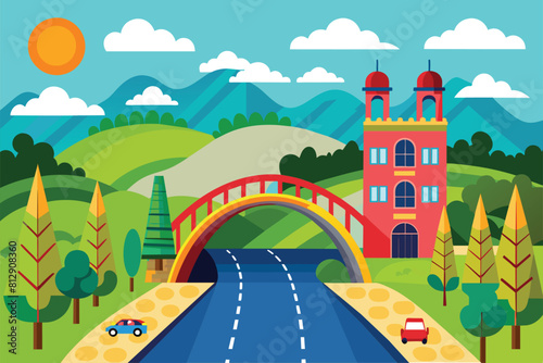 A road with a bridge overhead as a car drives underneath, showcasing transportation infrastructure in action, Bridge road Customizable Disproportionate Illustration