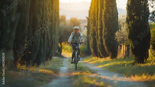 nice senior woman riding her electric mountain bike in a cypress avenue in TuscanyItaly : Generative AI photo