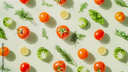 arrangement of fresh tomatoes, lettuce, and herbs on a vibrant green background, promoting healthy eating, organic farming, and farm-to-table concepts for nutritious culinary inspiration

