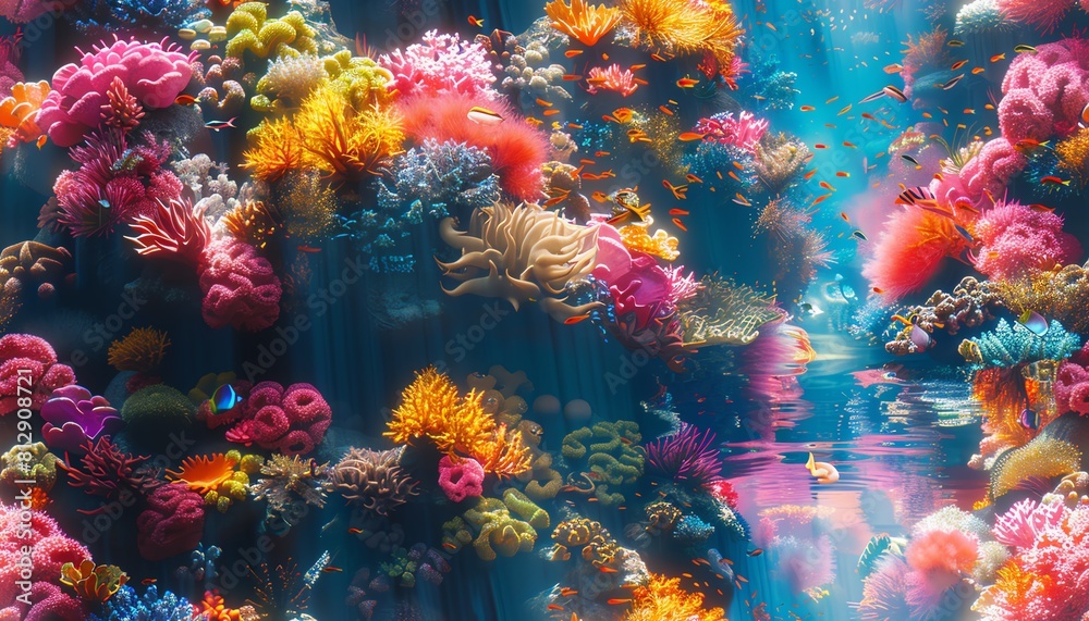 Explore a surreal underwater landscape from a worms-eye view Depict vibrant coral reefs swirling with mesmerizing colors