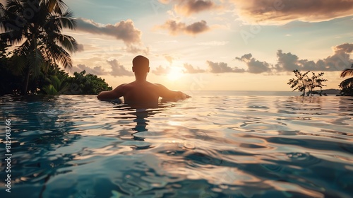 Luxury swimming pool in tropical resort relaxing holidays in Seychelles islands La Digue Young man during sunset by swimpool Seychelles   Generative AI