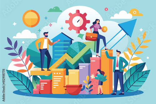 A group of individuals standing together on a stack of books, Business growth Customizable Semi Flat Illustration