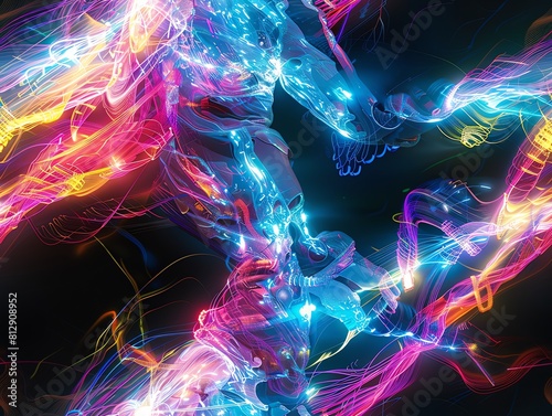 Illustrate a dancer in an exoskeleton suit intertwining with holographic projections Utilize a digital art style to blend the fluidity of contemporary dance with the sharp edges of