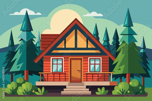 A log cabin with a porch nestled in the woods, surrounded by trees and nature, Cabin Customizable Disproportionate Illustration