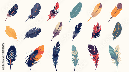 Hand drawn set of colorful bird feathers parrots an © zoni