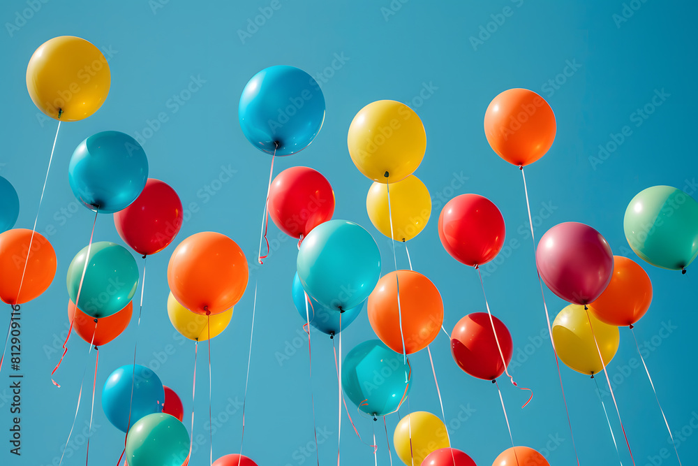 Festive multicolored balloons floating upward against a clear, vibrant blue sky, evoking feelings of joy and celebration Festive multicolored balloons floating upward against a clear, vibrant blue sky, evoking feelings of joy and celebration