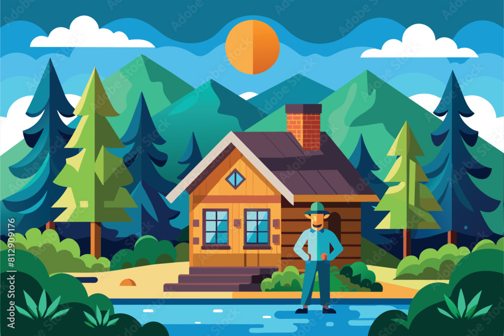 A man standing in front of a rustic cabin surrounded by trees in the woods, Cabin fever Customizable Semi Flat Illustration A man standing in front of a rustic cabin surrounded by trees in the woods, Cabin fever Customizable Semi Flat Illustration