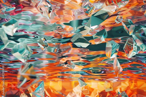 Illustrate a surreal underwater scene inspired by the Cubism movement, emphasizing geometric shapes and fragmented forms with a dramatic close-up perspective
