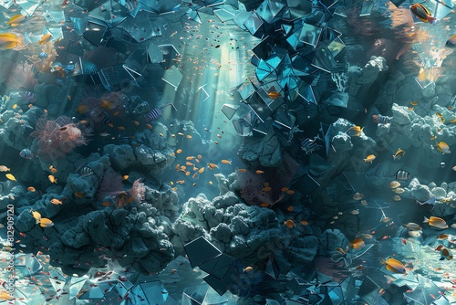 Illustrate a surreal underwater scene inspired by the Cubism movement, emphasizing geometric shapes and fragmented forms with a dramatic close-up perspective
