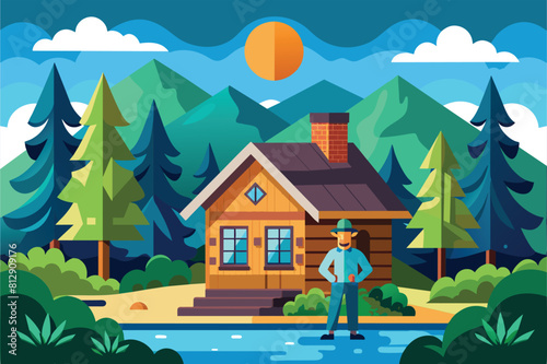 A man standing in front of a rustic cabin surrounded by trees in the woods, Cabin fever Customizable Semi Flat Illustration