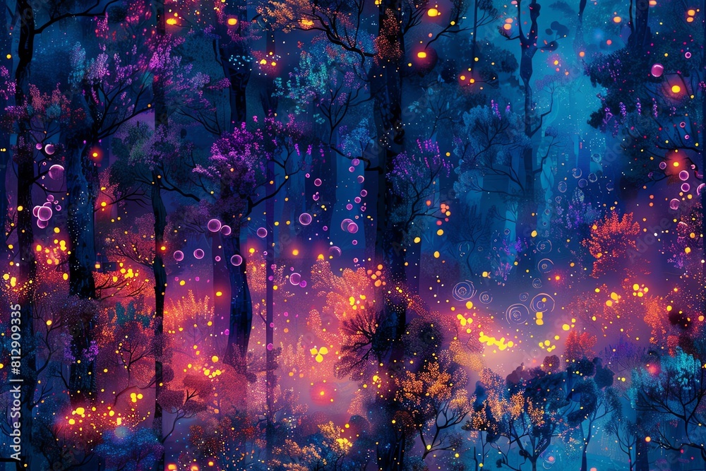 Illustrate the vivid colors and textures of a Musical Forest Lights scene using a mixed-media approach, blending acrylics and digital enhancements for a dynamic, organic feel