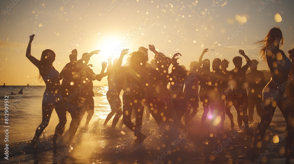 Fototapeta premium group of happy young people dancing and spraying at the beach on beautiful summer sunset : Generative AI