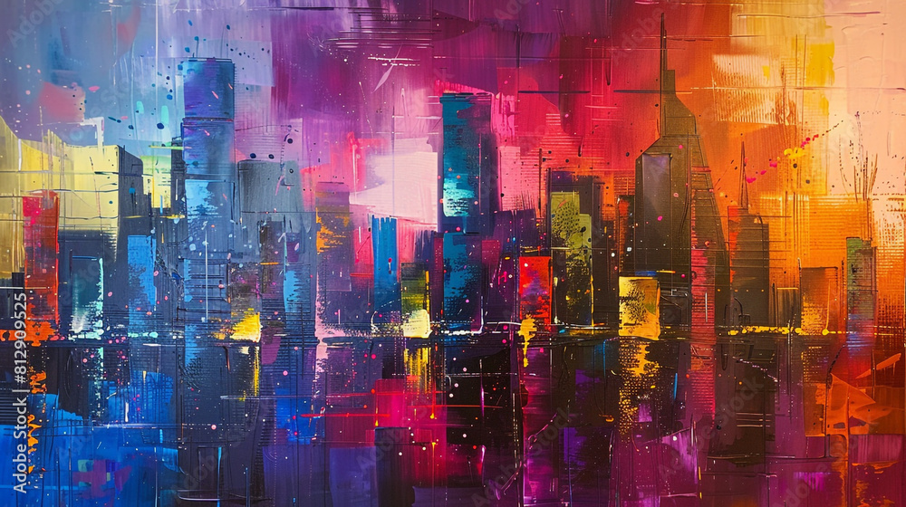 A colorful cityscape with a lot of buildings and a lot of oil paint splatters A colorful cityscape with a lot of buildings and a lot of oil paint splatters