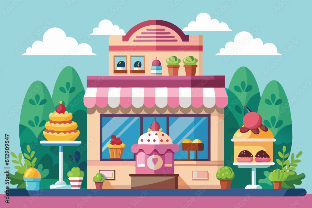 A building filled with a wide variety of colorful and delectable cakes on display, Cake shop Customizable Cartoon Illustration A building filled with a wide variety of colorful and delectable cakes on display, Cake shop Customizable Cartoon Illustration