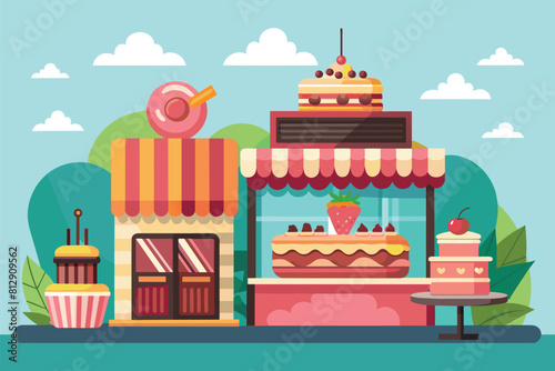 An illustration of a cake shop with a large donut placed on top of the building, Cake shop Customizable Disproportionate Illustration