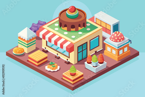 Detailed 3D illustration of a small store with a focus on a variety of cakes and pastries, Cake shop Customizable Isometric Illustration